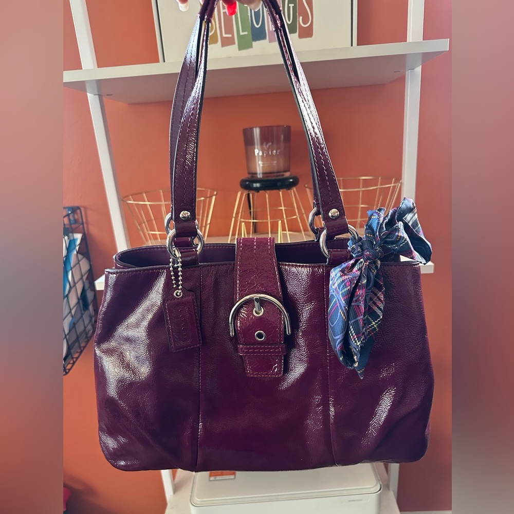 Coach Purple Leather Shoulder Bag with Plaid Accent Scarf